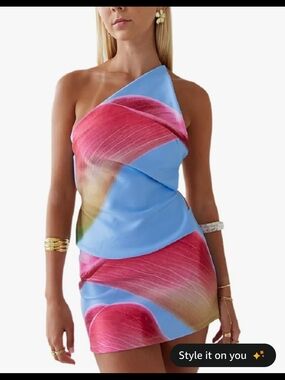 One-Shoulder Blue & Pink Floral Print Mini Dress